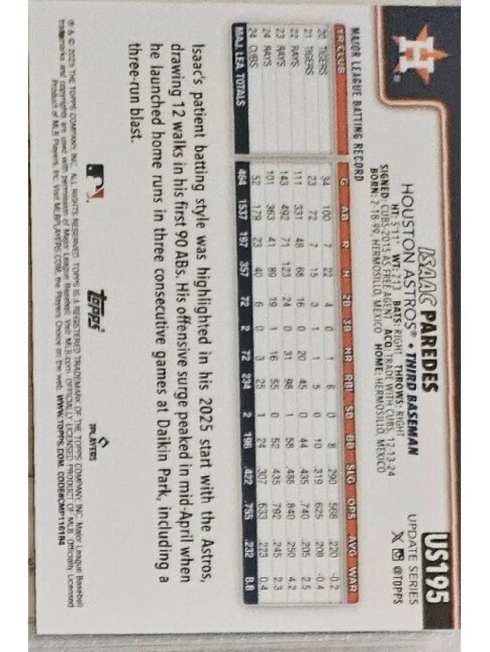 2025 Topps Update Isaac Paredes #US195 Astros